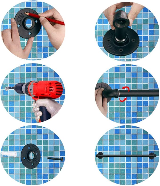 TLBTEK 20 inch Industrial Pipe Clothes Rack,Black Iron Bathroom Kitchen Towel Bar,Vintage Farmhouse DIY Wall Mounted Pot Bar Rack, Detachable Kitchen Utensils Hanger with 8 pcs S Hooks