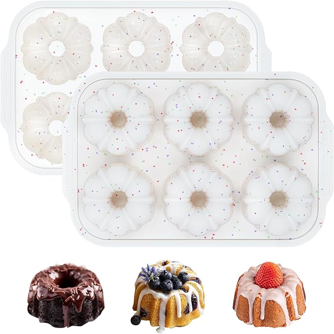 Mini Fluted Tube Cake Pans for Baking with Metal Reinforced Frame, 2Pcs Silicone 6-Cavity Mini Flan Molds, Nonstick Baking Mold for Cupcake, Brownie, Donuts, Cornbread, Jello