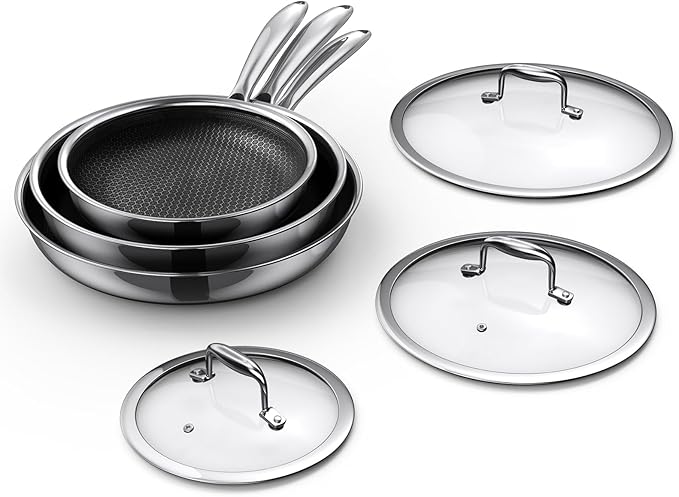 MOMOSTAR Hybrid Nonstick 6-Piece Frying Pan Set, 8, 10 and 12-Inch Cookware Sets with Tempered Glass Lids, Dishwasher & Oven Safe, Induction Ready, Compatible with All Cooktops