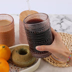 Vintage Drinking Glasses Set of 4 with Bamboo Lids, Textured Clear Striped Ribbed Glassware Set Cocktail Set Beaded Glass Cups Old Fashion Embossed Iced Coffee Cup for Beer, Beverage(16 oz), Rose Gold