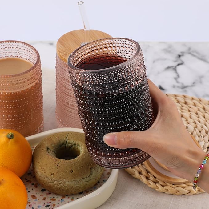 Vintage Drinking Glasses Set of 4 with Bamboo Lids, Textured Clear Striped Ribbed Glassware Set Cocktail Set Beaded Glass Cups Old Fashion Embossed Iced Coffee Cup for Beer, Beverage(16 oz), Rose Gold
