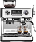 Kismile Dual Boiler Espresso Machine with Grinder, 20 Bar Espresso Maker with Milk Steamer & Hot Water, Dual LED Display, Pressure Gauge, Burr Grinder, coffee Machine for Home&Office, Stainless Steel