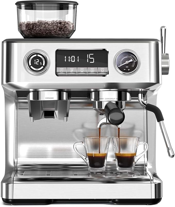 Kismile Dual Boiler Espresso Machine with Grinder, 20 Bar Espresso Maker with Milk Steamer & Hot Water, Dual LED Display, Pressure Gauge, Burr Grinder, coffee Machine for Home&Office, Stainless Steel