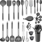 Silicone Kitchen Utensils Set, E-far 30-Piece Cooking Utensils Set with Holder, Heat Resistant Kitchen Spatulas Turner Tong Spoon Whisk Ladle for Nonstick Cookware, Stainless Steel Handle (Gray)