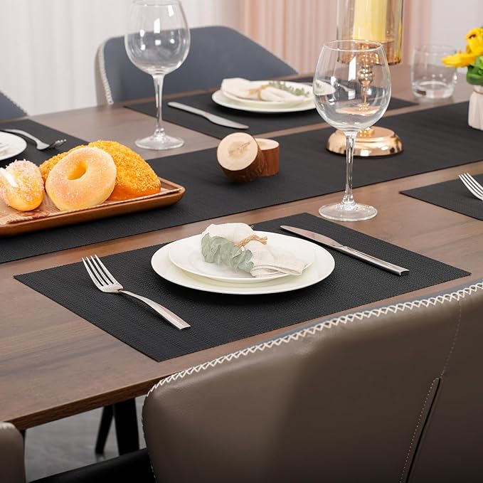 Myir JUN Placemats Set of 6, Vinyl Woven Placemats Place Mats Indoor Washable Table Mats Non-Slip Place mats for Dining Table (Black, Set of 6)