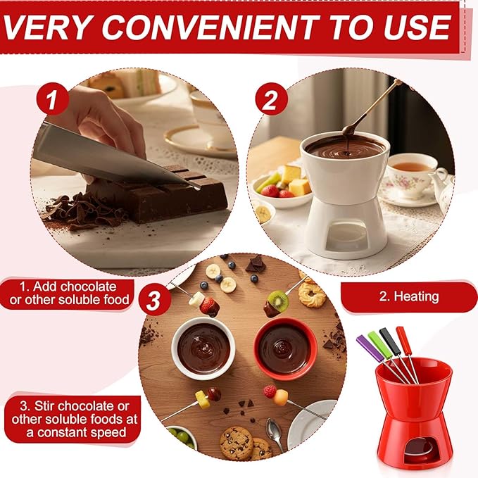 Mudder 8 Pcs Mini Fondue Pot Set with 32 Color Coded Forks Porcelain Tea Light Melting Mugs for Chocolate Cheese Dessert Small Fondue Pot Set for Christmas Valentine's Tapas Gifting(Red)