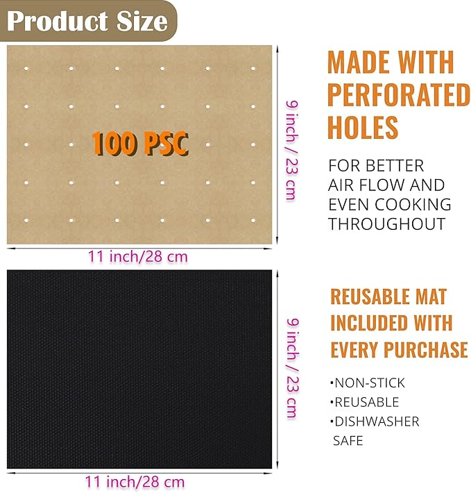 WMKGG 100 PCS Unbleached Air Fryer Parchment Paper, 11 x 9 inch Perforated Rectangular Air Fryer Toaster Oven Disposable Liners for Cuisinart, Ninja Foodi, Breville, Gowise, Black Decker