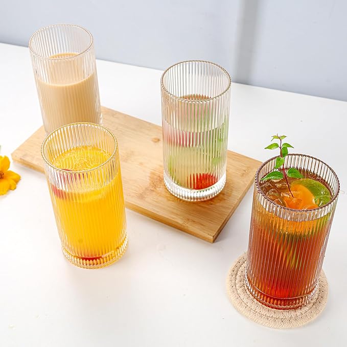 Vintage Ribbed Glassware Set, 16oz Drinking Glasses, Origami Style Set of 4, Fluted Design, Ideal for Water, Iced Coffee, Juice, Beer, Milk, Gift (16oz)