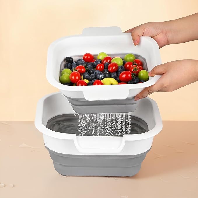 ROTTOGOON Collapsible Colander Set with Strainer Bowl, 2 in 1 Fruit Washing Basket with Strainer, 5 + 3 QT Plastic Colanders for Kitchen, Foldable Double Layered Colanders Bowl for Vegetable, Grey