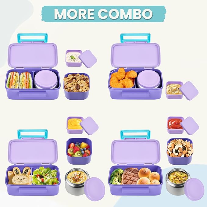 Kids Lunch Bento Box with Thermo Ice Pack Food Container with Insulated Lunch Bag, Insulated Water Bottle with Straw for Girls Boys, Purple