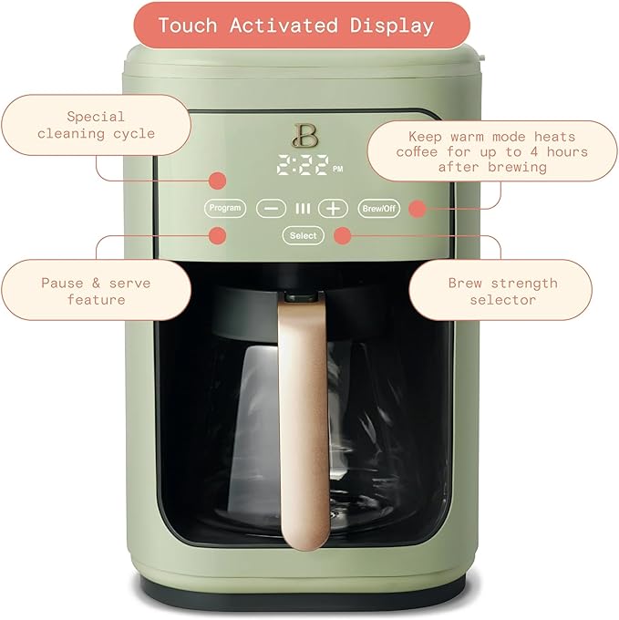 Beautiful by Drew Barrymore 14 Cup Programmable Drip Coffee Maker, Touch-Activated Display, Fast 14-Min Brew, Bold Strength, Keep Warm 4hrs (Green)