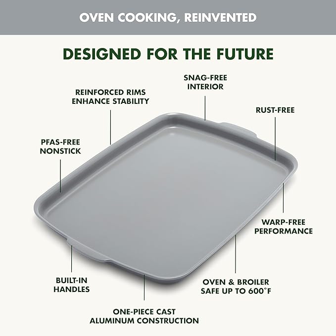 GreenPan Premiere Ovenware Healthy Ceramic Nonstick 18" x 13" Half Rectangular Baking Pan, PFAS-Free, Warp-Free Bakeware, Durable Quick Heating Tray, Oven Safe to 600F, Dishwasher Safe, Gray