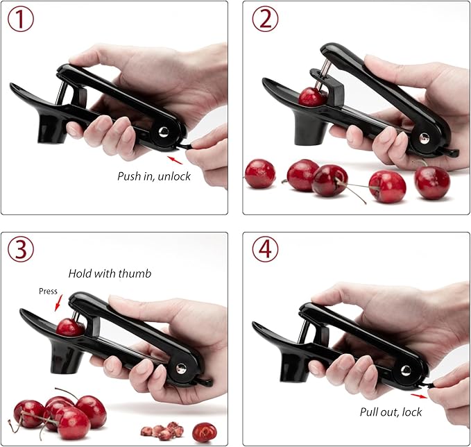 Cherry Pitter - Ordekcity Stainless Steel Cherries Corer Pitter Tool with Hand-held Push Design, Save Time & Space for Making Cherry Jam with Lock Design(Black)