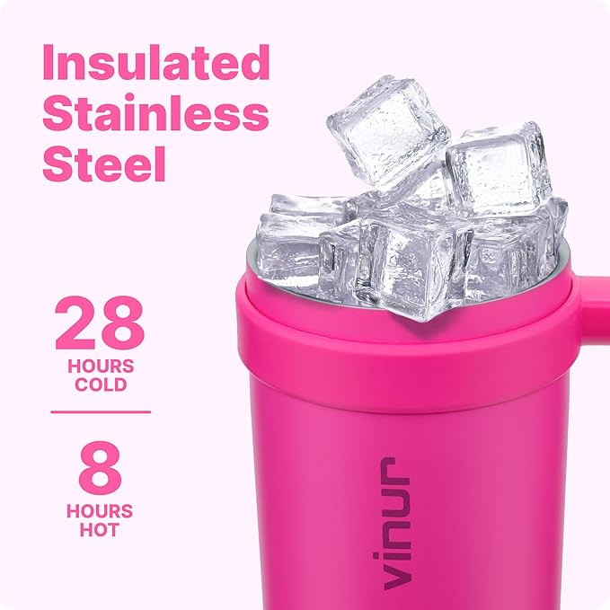 VINUR 30 oz Tumbler with Handle and Straw-Insulated Coffee Travel Mug with Leak Proof Lid | Reusable Stainless Steel | Rubber Base | Cup Holder Friendly | Gifts for Women, Rose Red
