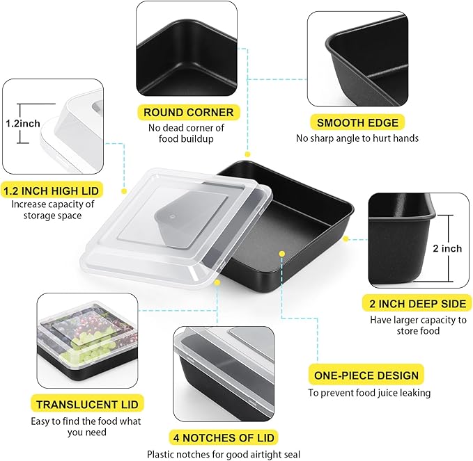 P&P CHEF Square Baking Pan with Lid, Nonstick Stainless Steel Square Cake Pan and Plastic Lid, Black Bakeware Tin for Lasagna Brownies, Sturdy & Easy Clean, (8 Inch, 4Pcs)