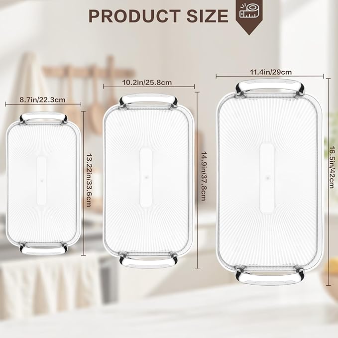 Serving Tray with Handles Set of 3 Rectangular Large Serving Platters 16.5/14.9/13.2 Inch White Plates for Dinner, Party, Entertaining, Transparent