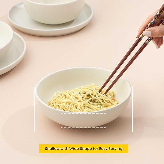 JoyJolt Mesa 30oz Stoneware Pasta Bowls Set of 4, Salad and Serving Bowl for Kitchen, Oatmeal, Soup, Dinner - Matte Linen White, Dishwasher and Microwave Safe, Wide and Shallow Plate