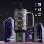 40 oz Halloween Tumbler with Handle, Glow-in-the-Dark, 2-in-1 Straw Lid, Leakproof, Insulated Stainless Steel Travel Coffee Mug, Keeps Cold for 34 Hours, Fits in Car Cup Holder (Spooky Skull)