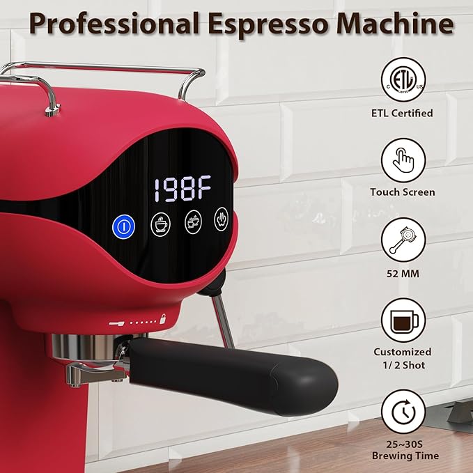 Espresso Machine with Steam Milk Frother Semi Automatic 20 Bar Compact Red with Touch Screen for home Cafetera Espresso, Latte, Cappuccino, Americano, Macchiato