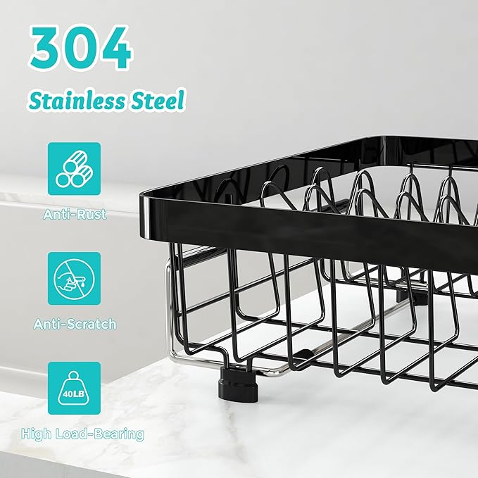 MAJALiS Dish Drying Rack in Sink -Expandable Stainless Steel Over Sink Dish Rack (11.3''-17''), Adjustable Capacity Dish Strainers for Kitchen Sink Counter with Utensil Holder, Black