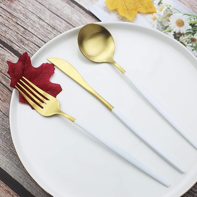 JASHII Silverware Set 36 Piece Food Grade Stainless Steel Flatware Set Fork Spoon Knife Utensils for Daily Use and Party, Service for 6 Anti Rust, Safe in Dishwasher (Matte White handle gold)