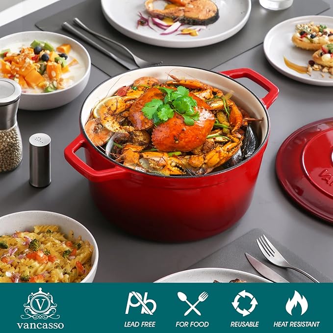 vancasso Enameled Cast Iron Dutch Oven, 7.5 QT Dutch Oven Pot with Lid, Round Enamel Dutch Oven for Bread Baking, Non Stick Enamel Coating, Pot's Body Cast Iron, Red