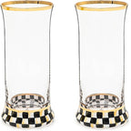 MACKENZIE-CHILDS Highball Glasses, Tall Drinking Glasses with Gold Rims, 15 Ounces, Set of 2, Black-and-White Courtly Check