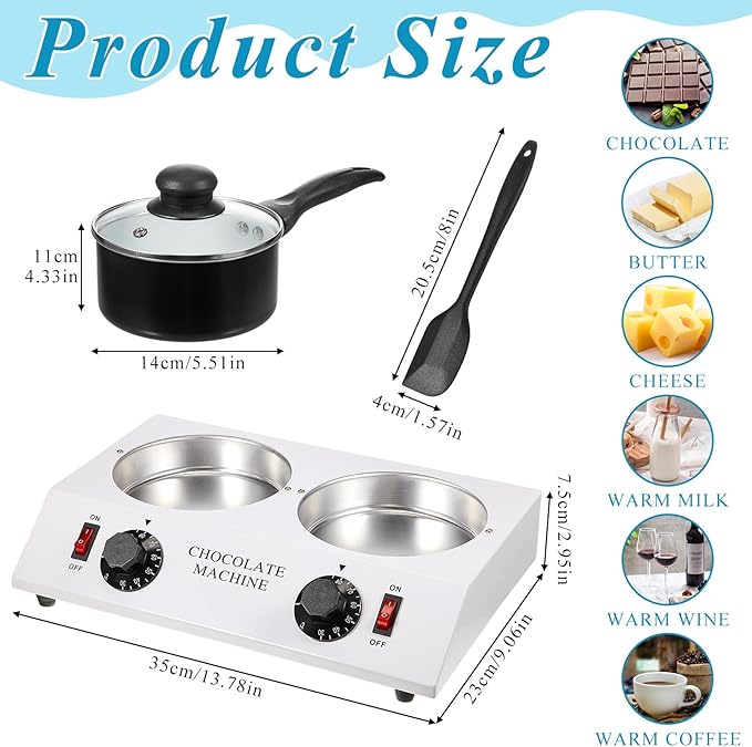 ROCEEI 1 Set Chocolate Boiler Electric Heating Chocolate Melting Tempering Machine with 1 Silicone Spatula Boiler for Melting for Candy (Double Pot)