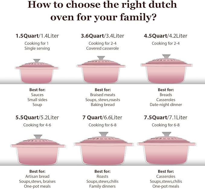 Overmont Enameled Cast Iron Dutch Oven - 5.5QT Pot with Lid Cookbook & Cotton Potholders - Heavy-Duty Cookware for Braising, Stews, Roasting, Bread Baking pink