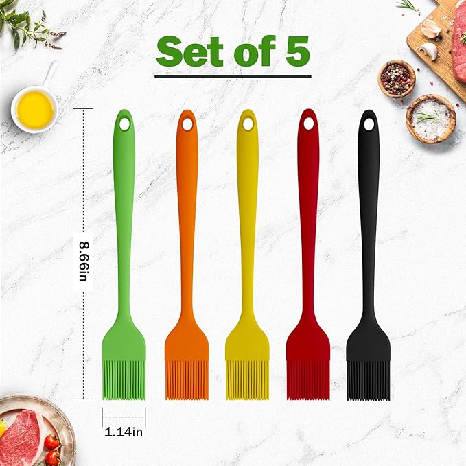 Silicone Basting Pastry Brushes, 5 Pack Heat Resistant Cooking Brush for Oil Butter Sauce, Food Brush for BBQ Grill Barbeque Kitchen Baking Cooking