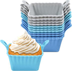 Koluti Reusable Silicone Baking Cups Set of 12, Nonstick Muffin Cupcakes Mold with Double Handle, BPA Free, Mini Square Air Fryer Cupcake Liners, 3 Colors
