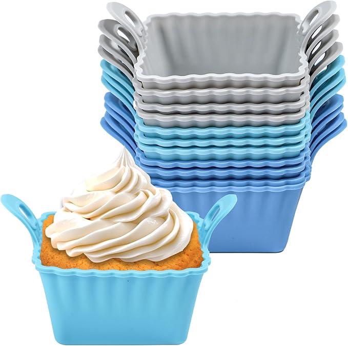 Koluti Reusable Silicone Baking Cups Set of 12, Nonstick Muffin Cupcakes Mold with Double Handle, BPA Free, Mini Square Air Fryer Cupcake Liners, 3 Colors