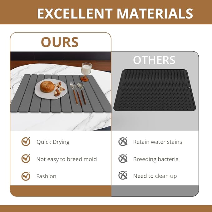 Large Stone Dish Drying Mat for Kitchen Counter, 24"×16" Quick Dry Collapsible Diatomaceous Earth Mat – Super Absorbent Foldable Drying Pad for Dishes (Dark Gray, 23.2" x 15.4")