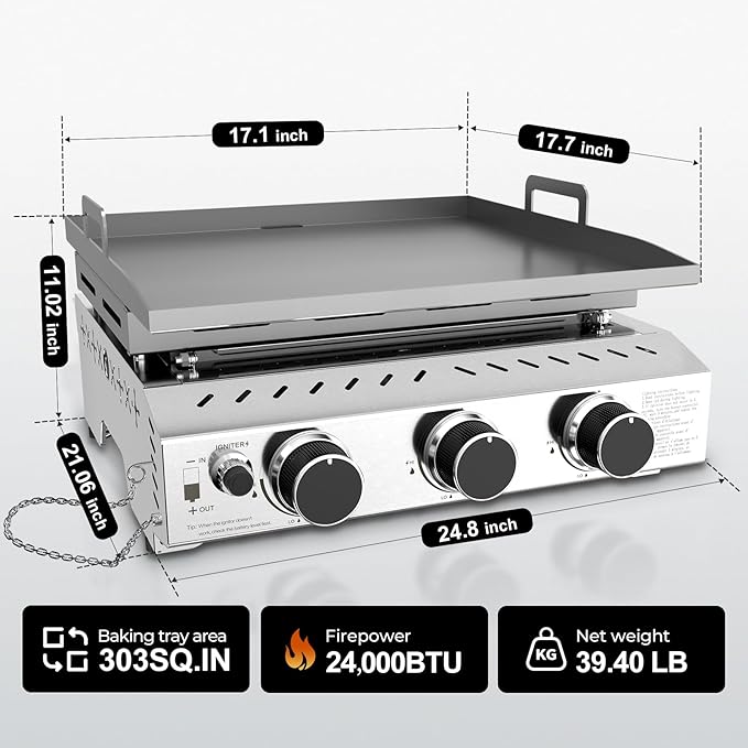 R.W.FLAME 3 Burner Tabletop Propane Griddle, 25" Stainless Steel Gas Griddle, 24,000 BTU Flat Top Grill for Outdoor BBQ,Camping & Patio Gatherings
