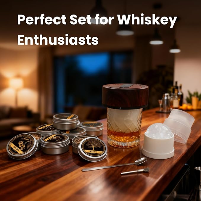 Vintage Electric Whiskey Smoker Kit with 8 Wood Chip Flavors – Rechargeable Whiskey Smoker with Built-in Ignition, Fuel-Free – For Men, Dad, Husband on Special Occasions – Wood Grain Design