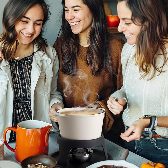 Artestia Cast Iron Fondue Pot Set for Chocolate Cheese Swiss Fondue Set for Meat with 6 Fondue Forks, Cheese Camping Fondue Set Serve 6 Persons(White)