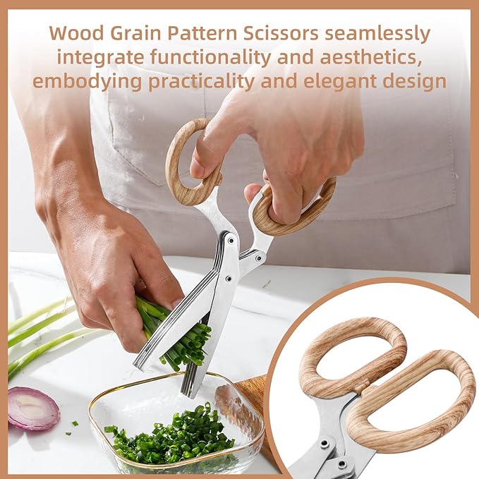 2025 New Herb Scissors Set - Wood Grain Pattern 5 Blades with Cover and Comb - Skin-Friendly Handle, Delicate Grip - Dishwasher Safe, Anti-Rust Stainless Steel for Cutting Fresh Garden Herbs