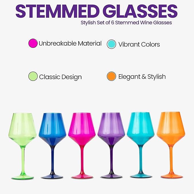 Unbreakable Stemmed Wine Glasses – Colored Wine Glasses Set of 6 Plastic Drinking Glasses Wine, Water – Acrylic Wine Gifts for Birthday Women Party, Stylish Glasses for Parties & Everyday (Jewel)