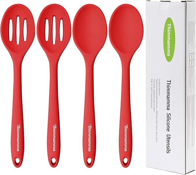 Silicone Spoons for Cooking, Heat Resistant Slotted Solid Silicone Kitchen Spoons Set, Red BPA Free Mixing Spoons Basting Spoon Stirring Spoon for Nonstick Cookware, 4 Pack