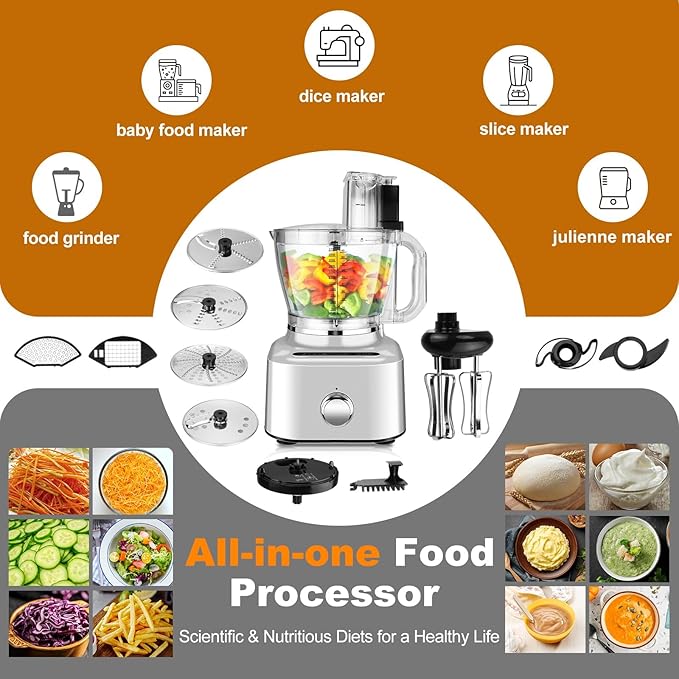 Homtone 16 Cup Food Processor, Aluminum-Diecast Food Processors with Whisk, 5 Preset Modes Vegetable Chopper Electric, 8 Blades 11 Functions for Home Use, Stepless Speed Control, 650W, Sliver
