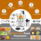 Homtone 16 Cup Food Processor, Aluminum-Diecast Food Processors with Whisk, 5 Preset Modes Vegetable Chopper Electric, 8 Blades 11 Functions for Home Use, Stepless Speed Control, 650W, Sliver