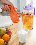 | 2 Pack | 64oz | Glass Mason Jar Pitcher with Lid and Spout, 2 Quart (1.9 Liter) Airtight Glass Water Jug Wide Mouth for Juice, Sun Tea, Iced Coffee, Milk Storage, Purple & Orange