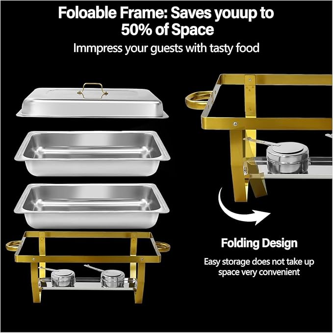 Chafing Dishes for Buffet 4 Pack, 9QT Gold and Silver Stainless Steel Chafing Dish Buffet Set Chafers and Buffet Warmers Sets for Any Party with Complete Set