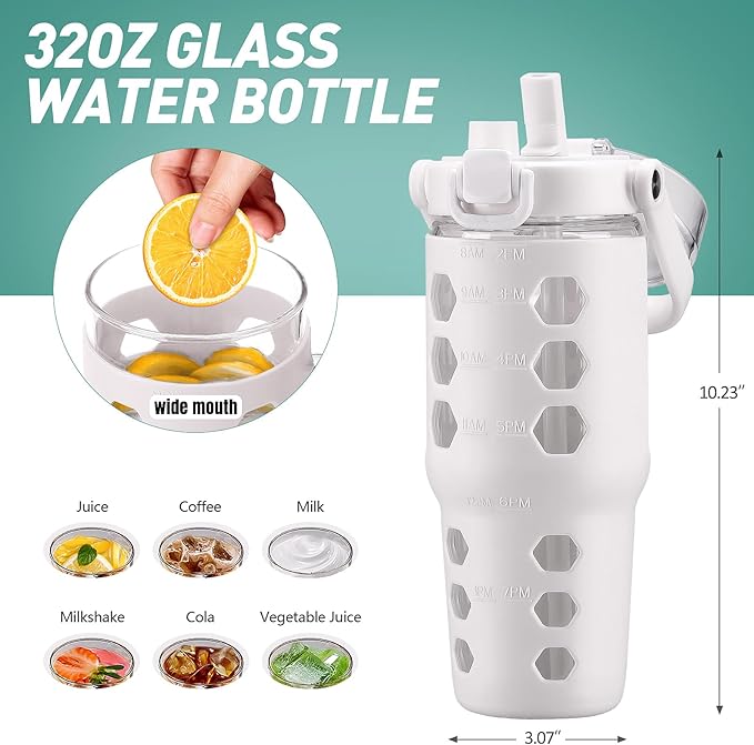 MUKOKO 32 oz Glass Tumbler with Straw,Glass Water Bottles with Time Marker,Iced Coffee Cup with Silicone Sleeve,Motivational Drinking Bottles,Leakproof-White