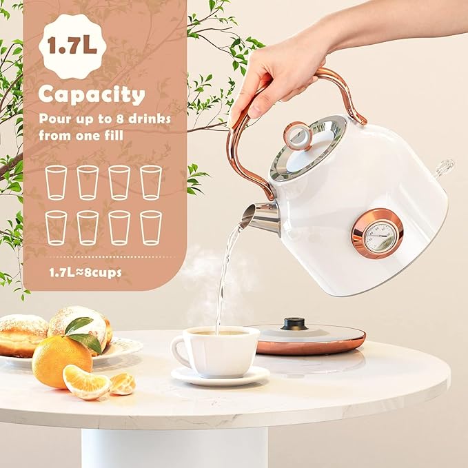Retro Electric Kettle, 1.7L Stainless Steel Tea Kettle with Large Temperature Gauge, 1500W Fast Heating Hot Water Boiler with LED Indicator, Auto Shut-off & Boil-Dry Protection-Reteo White