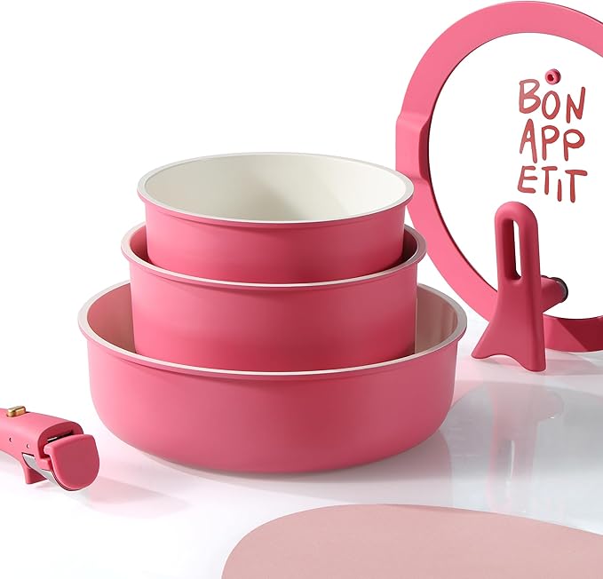 CAROTE 18Pcs Ceramic Cookware Set with Detachable Handle, Pots and Pans Set Non Stick, Non Toxic Kitchen Cooking Sets with Stand-Up Lid, PFAS and PFOA Free, Oven Safe, Induction Ready, Pink