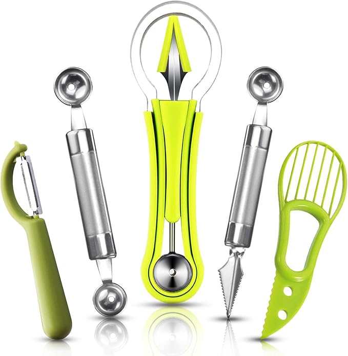 5Pcs Melon Baller Scoop Set, 4 in 1 Stainless Steel Fruit Scooper Seed Remover Cutter, Double Sided Melon Baller Spoon, Avocado Cutter, Watermelon Carving Knife for Dig Pulp Separator Fruit Slicer