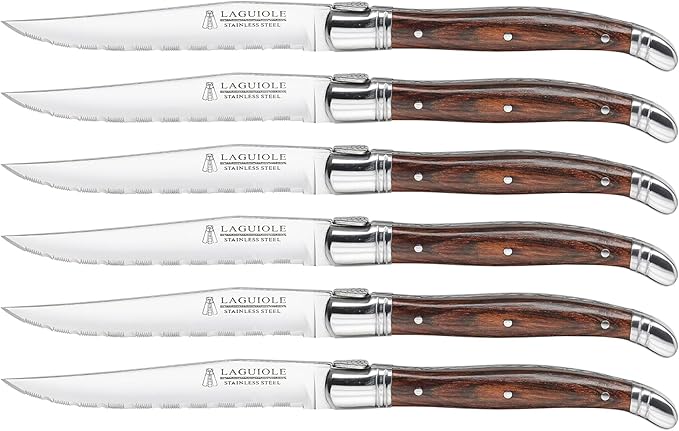 Trudeau Laguiole Steak Knives Set of 6 – Premium Stainless Steel Serrated Blades with Pakkawood Handles – Dishwasher Safe Steak Knife Set for Dinner, BBQ, or Gifting – Rustic Elegant Design