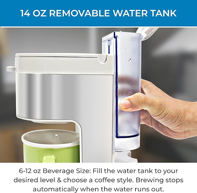 Koolatron Kenmore Single Serve Coffee Maker & Stainless Steel Travel Mug, Capsule/Pod & Ground Coffee Brewing, K Cup Compatible, Hot & Iced Coffee Machine, 6 to 14 Oz Brew Sizes, Auto Shut-Off, White