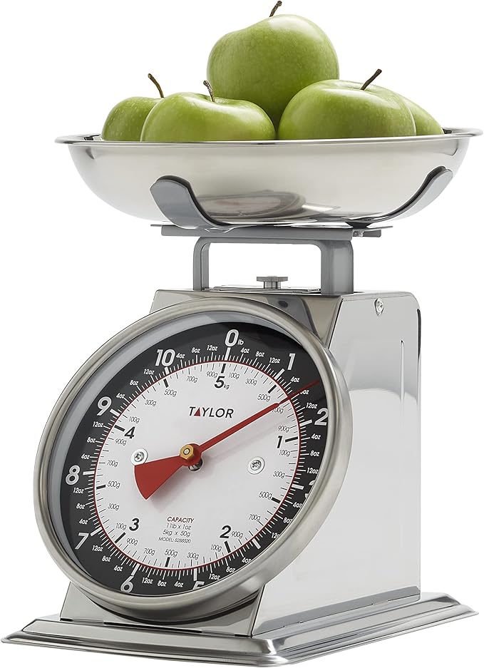 Taylor Mechanical Kitchen Food Scale with Bowl, Weighs Up to 11lbs, Measures in Grams and Ounces, Analog Cooking Scale for Baking, Black and Silver